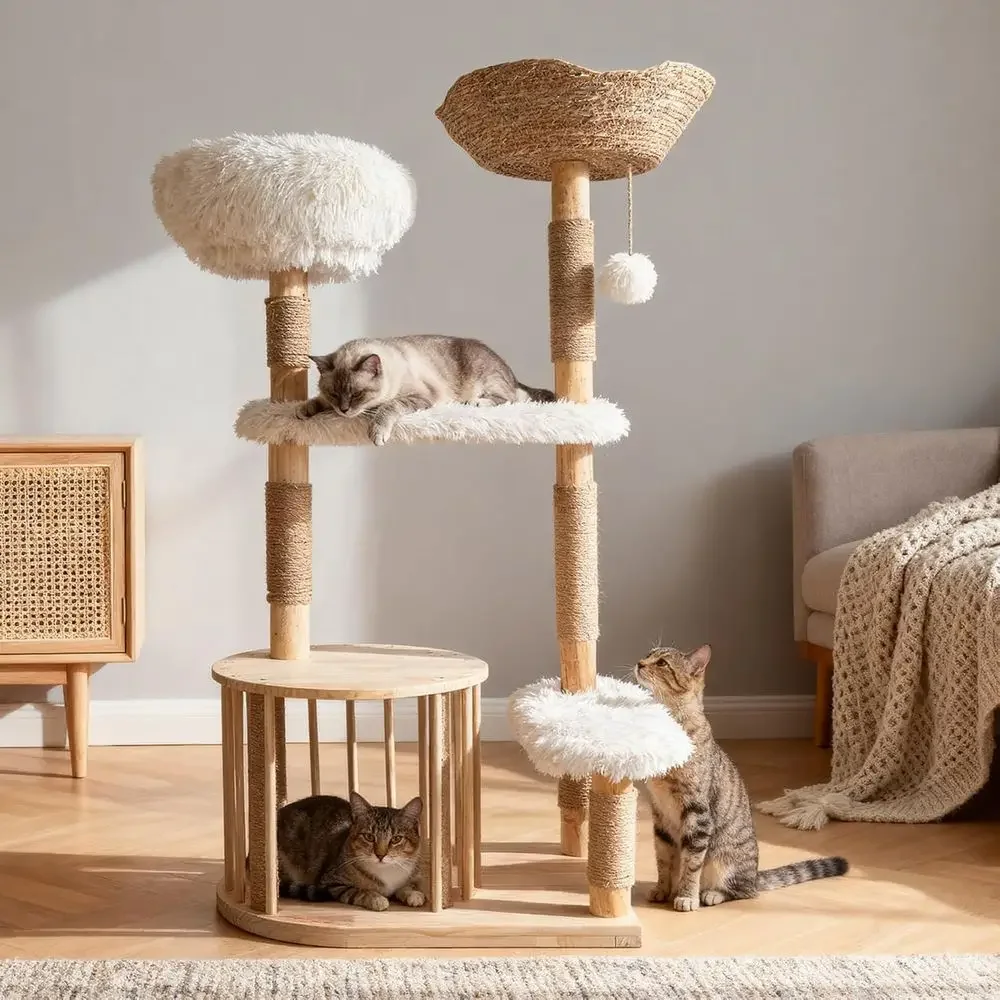 Natural Wooden Cat Tower with  - Cat Scratching Post 评论和价格